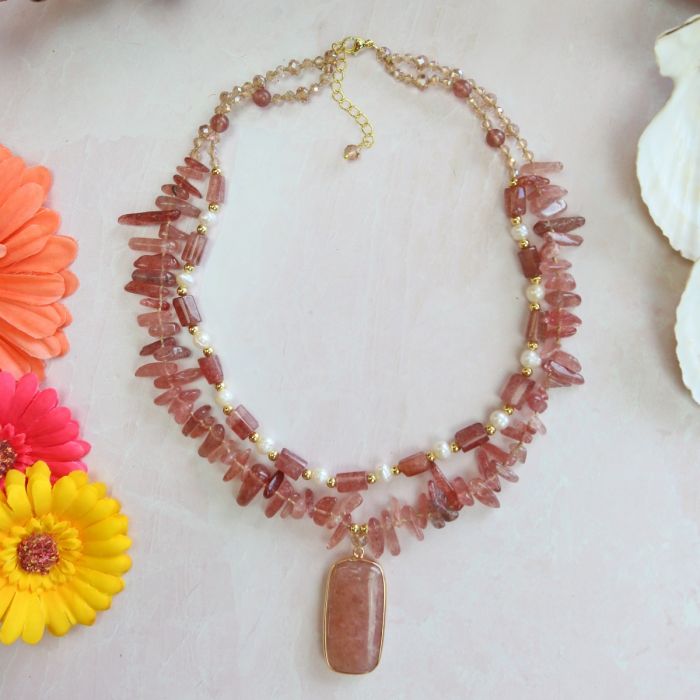 Strawberry Quartz and Freshwater Pearl Double Strand Necklace.