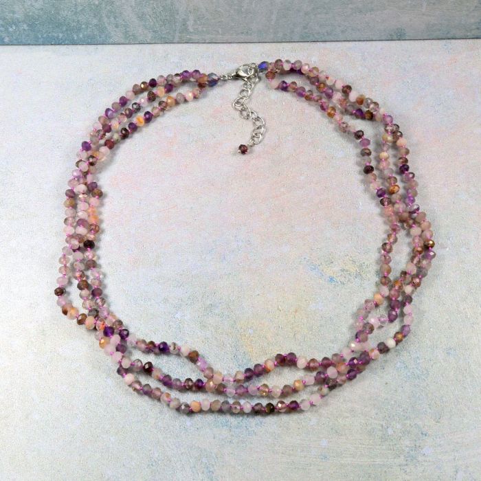 Purple Rutilated Quartz Triple Strand Short Necklace
