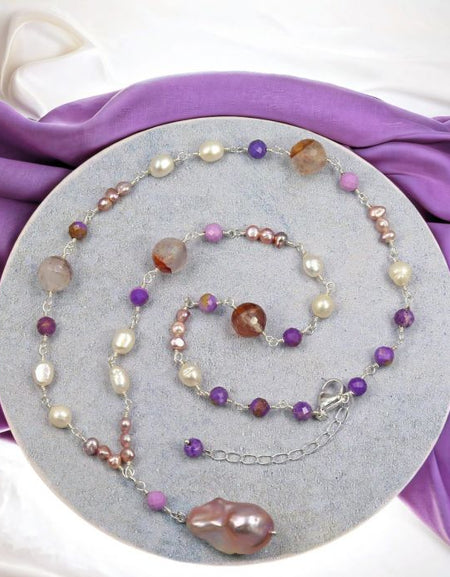 Multi Gems and Cultured Pearls Lariat Necklace