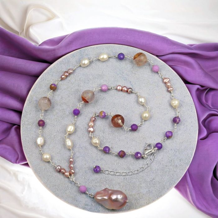 Multi Gems and Cultured Pearls Lariat Necklace