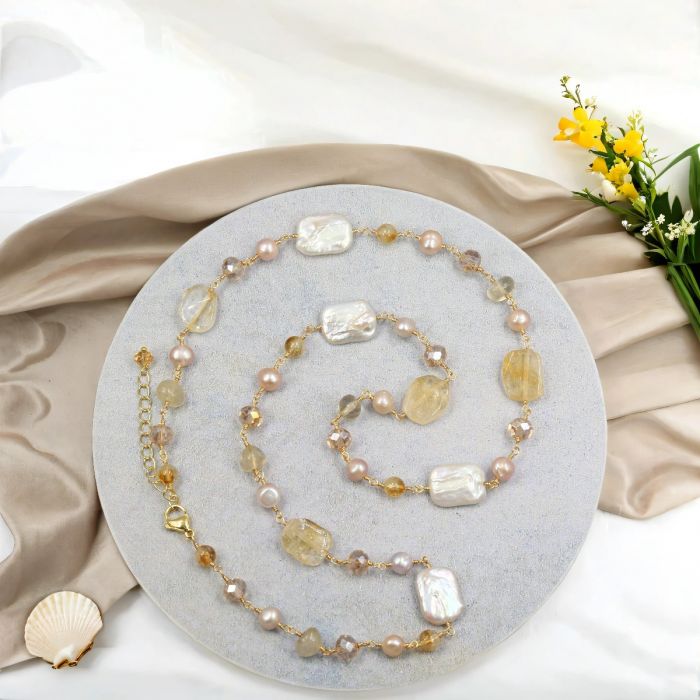 Citrine and Freshwater Pearls Wired Necklace