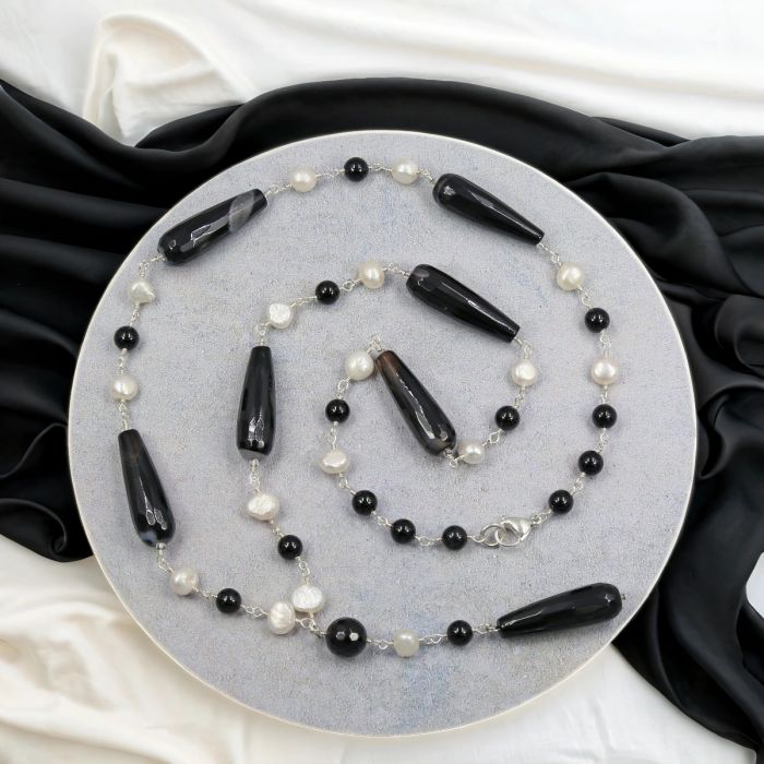 Black Agate and Cultured Pearl Lariat Necklace