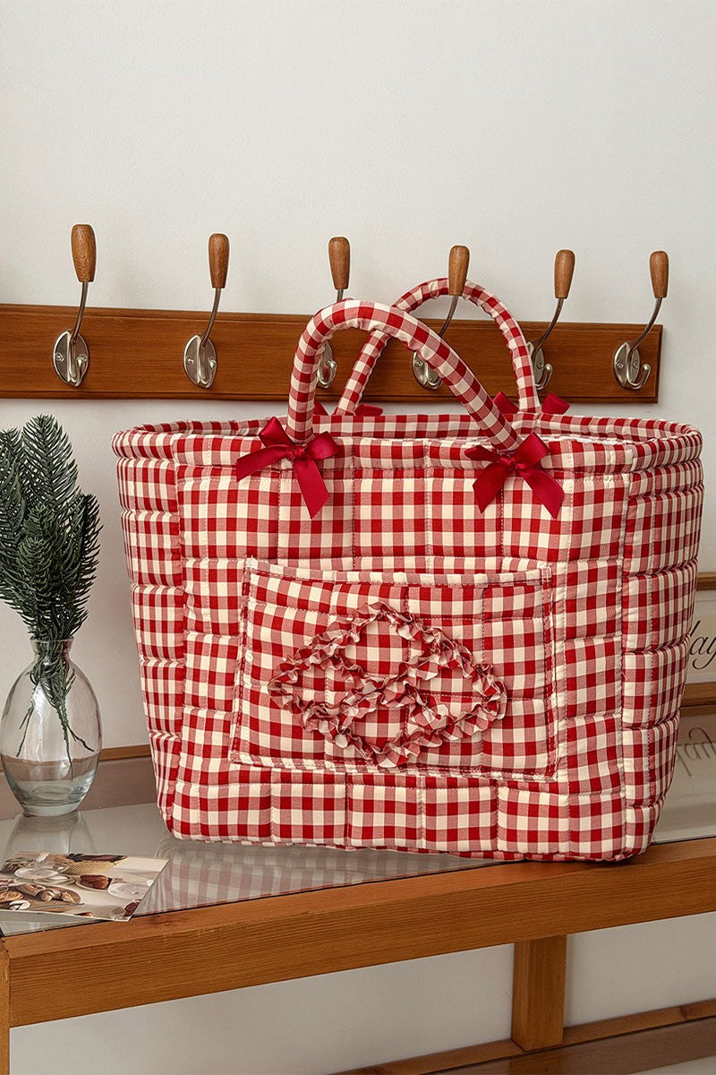 Quilted Gingham Storage Tote Basket - Red