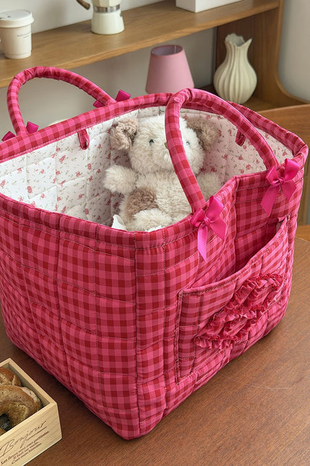 Quilted Gingham Storage Tote Basket - Pink
