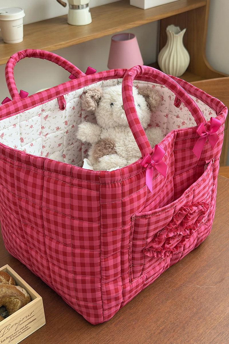 Quilted Gingham Storage Tote Basket - Pink