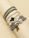Cross Charm Mixed Beaded Bracelet Set - Black