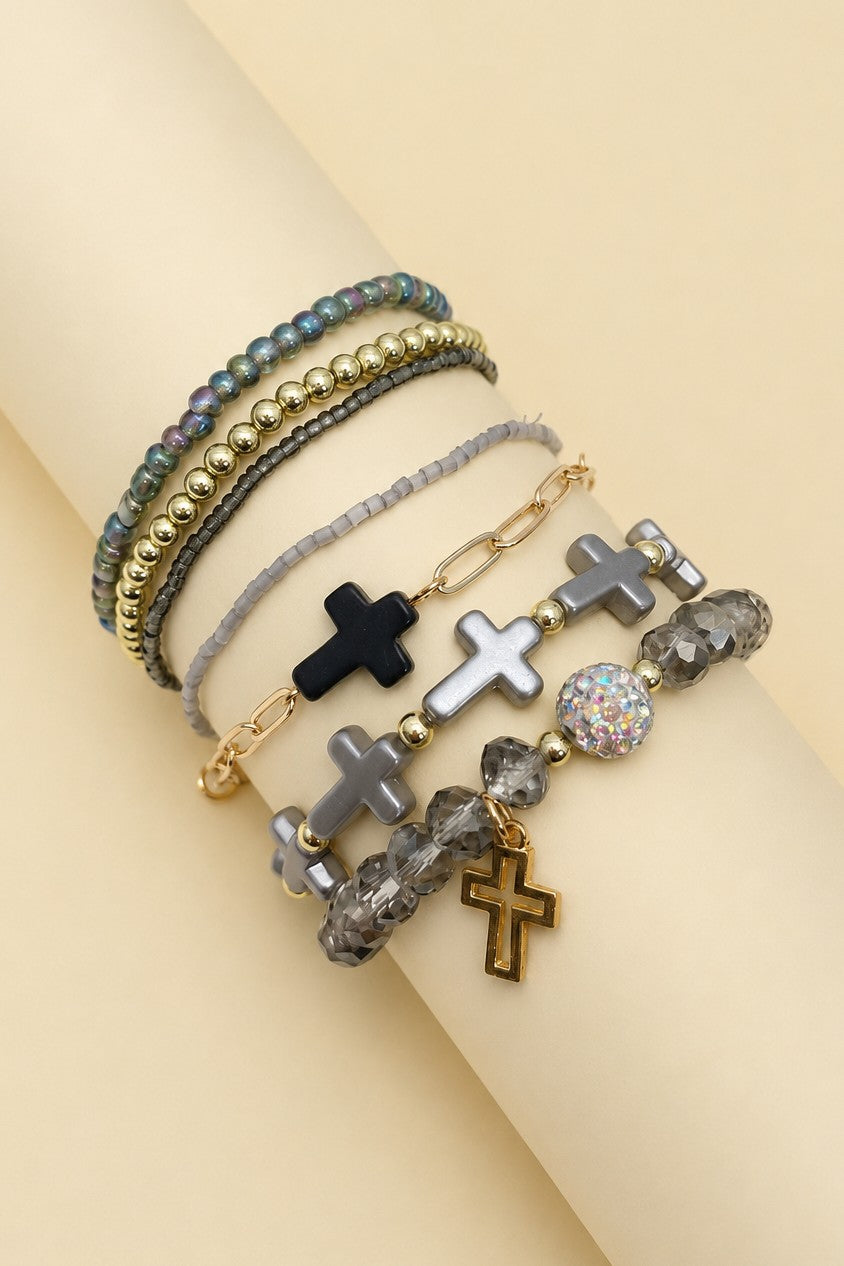 Cross Charm Mixed Beaded Bracelet Set - Black