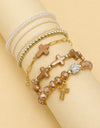 Cross Charm Mixed Beaded Bracelet Set - Brown