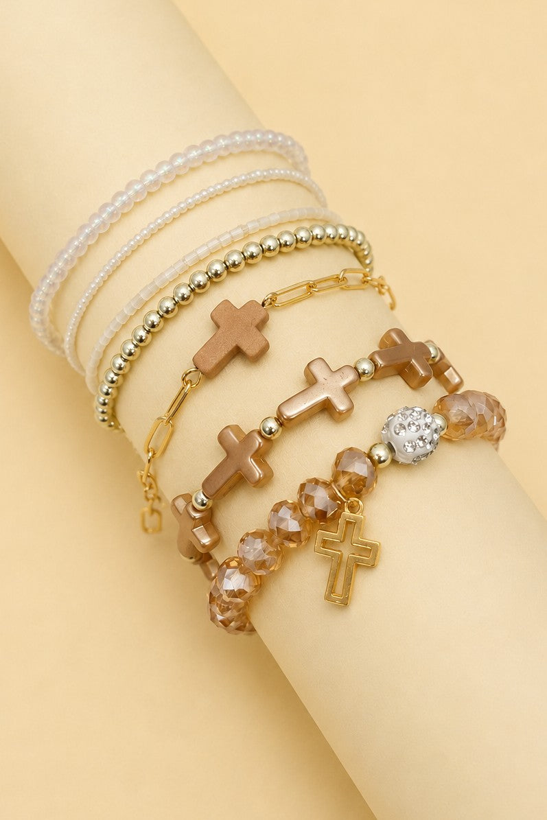 Cross Charm Mixed Beaded Bracelet Set - Brown