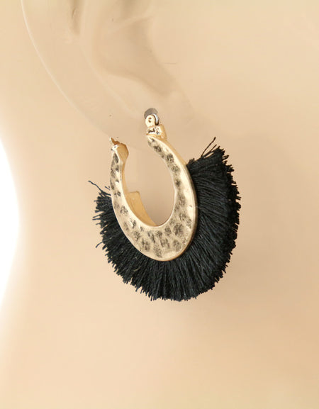 Thread Tassel with Hammered Metal Hoop Earrings - Black