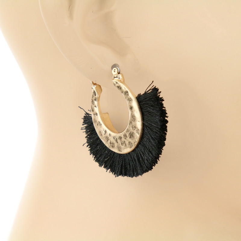 Thread Tassel with Hammered Metal Hoop Earrings - Black