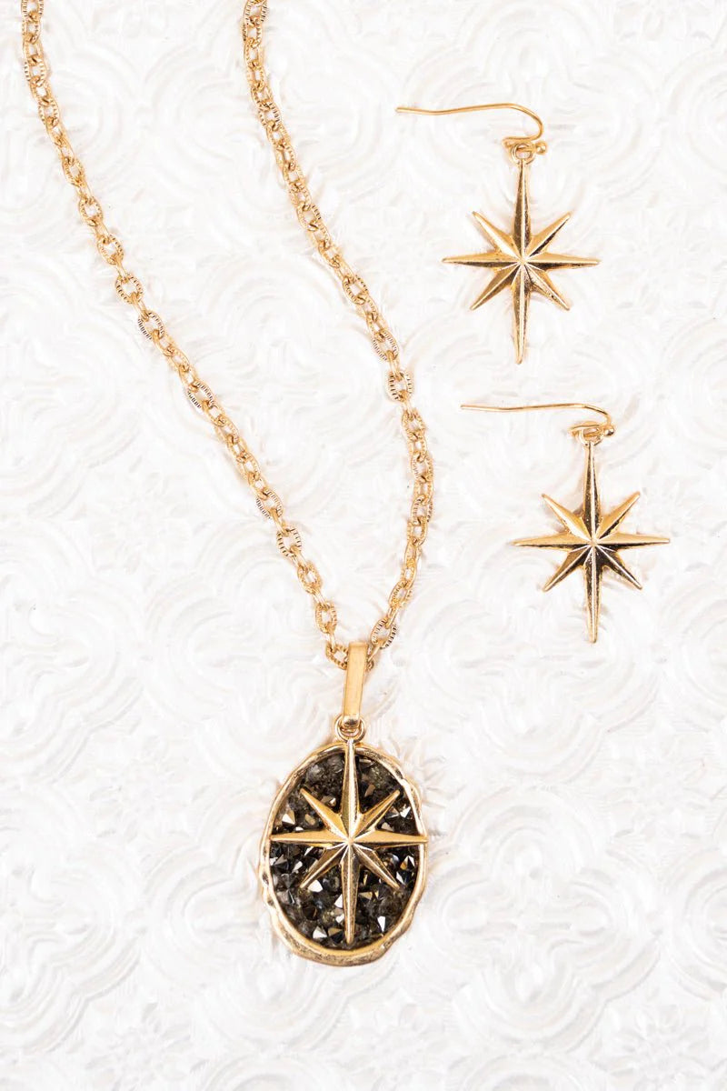 ALL SPARKLE HEMATITE AND GOLDTONE STAR NECKLACE AND EARRING