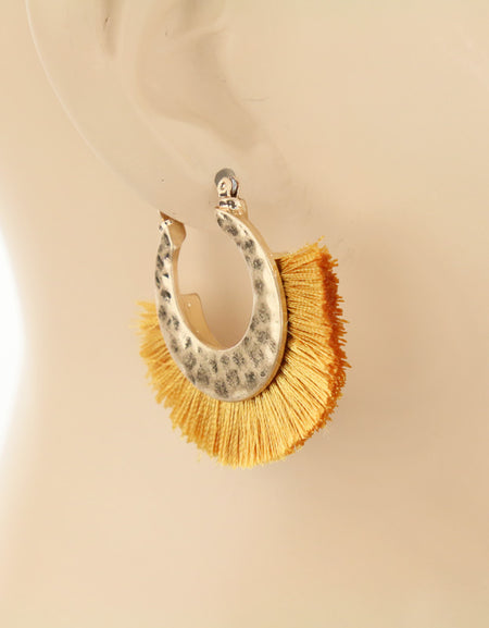 Thread Tassel with Hammered Metal Hoop Earrings - Mustard
