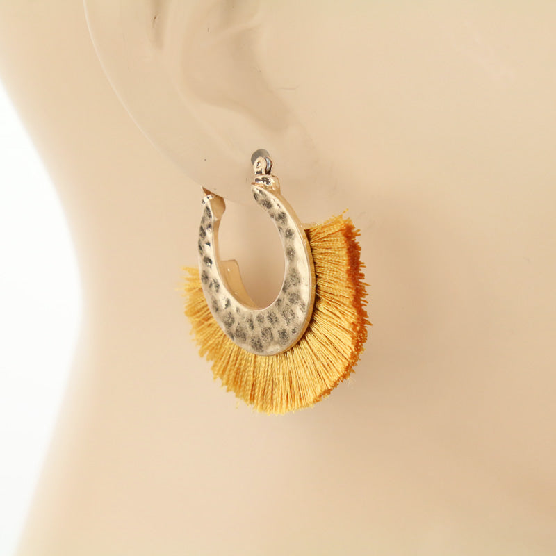 Thread Tassel with Hammered Metal Hoop Earrings - Mustard