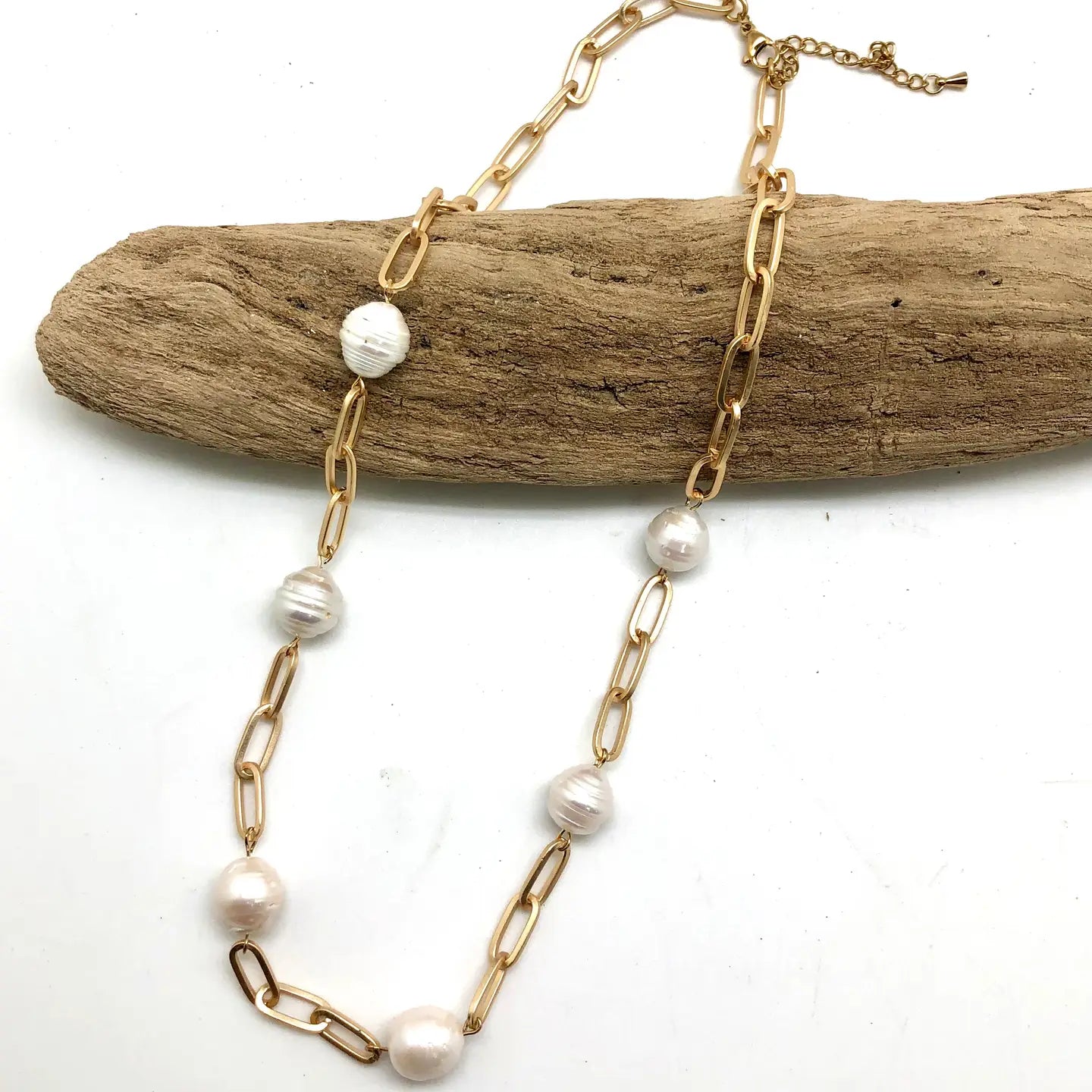 RR Matte Gold Paper Clip W/Baroque Pearl 18”w/2” Ext. Necklace