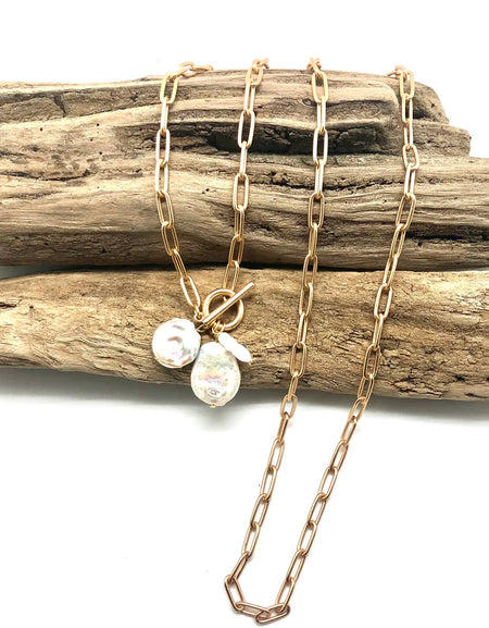 RR Matte Paperclip gold necklace  W/Coin&Freshwater Pearl 33”