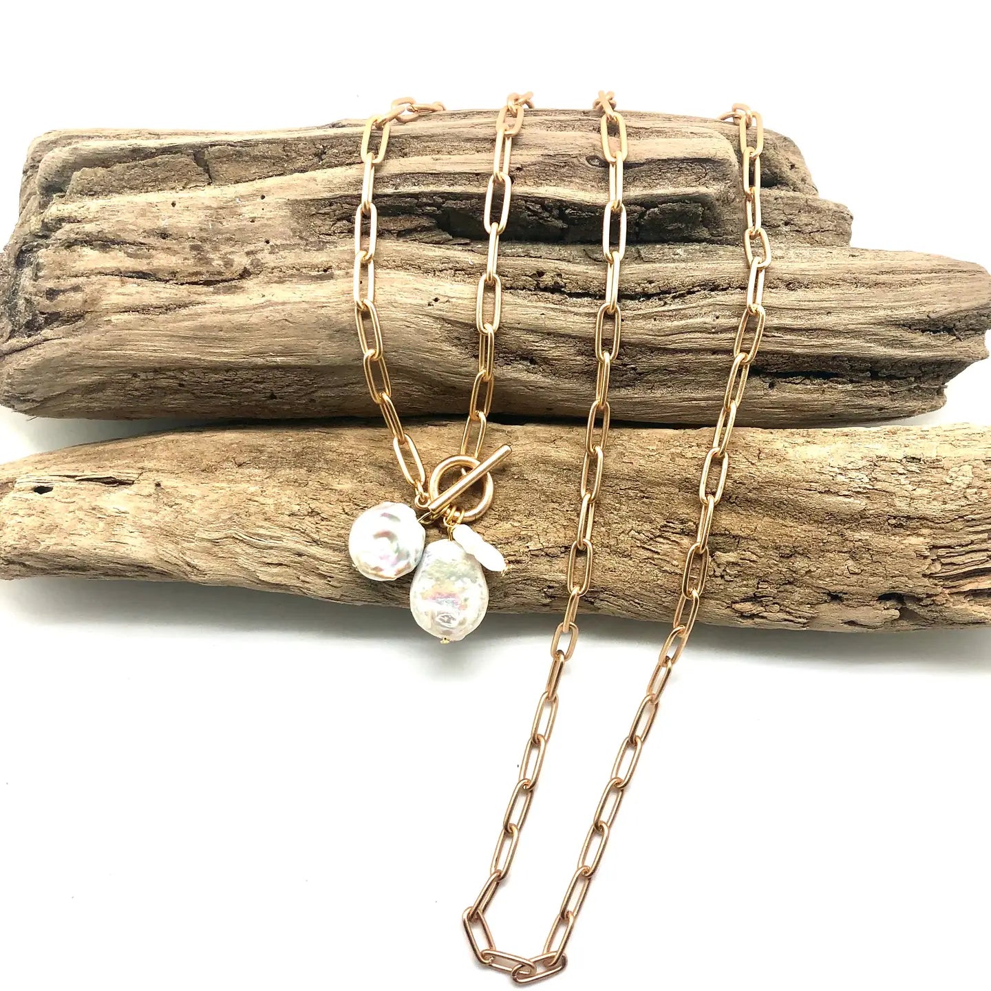 RR Matte Paperclip gold necklace  W/Coin&Freshwater Pearl 33”