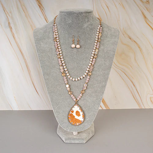Animal Print Beaded Tear Drop Necklace - Beige