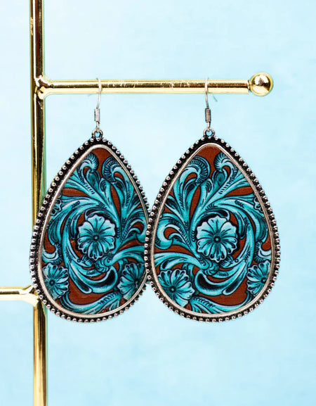 FLORAL TOOLED TURQUOISE TEARDROP FAUX LEATHER EARRINGS