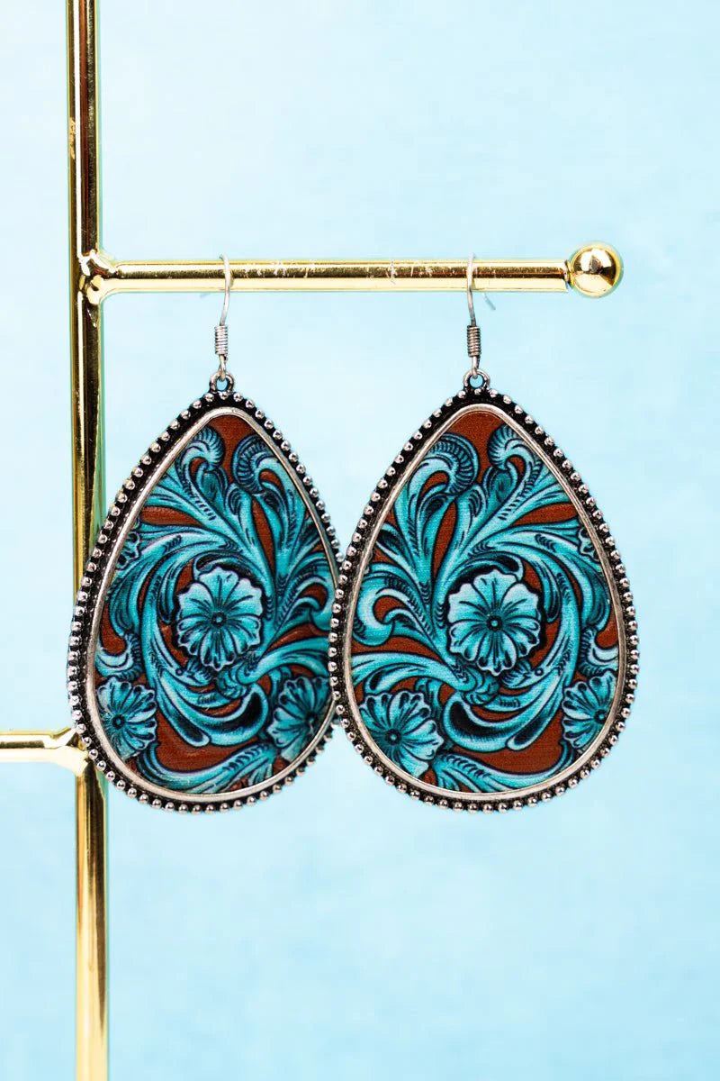 FLORAL TOOLED TURQUOISE TEARDROP FAUX LEATHER EARRINGS