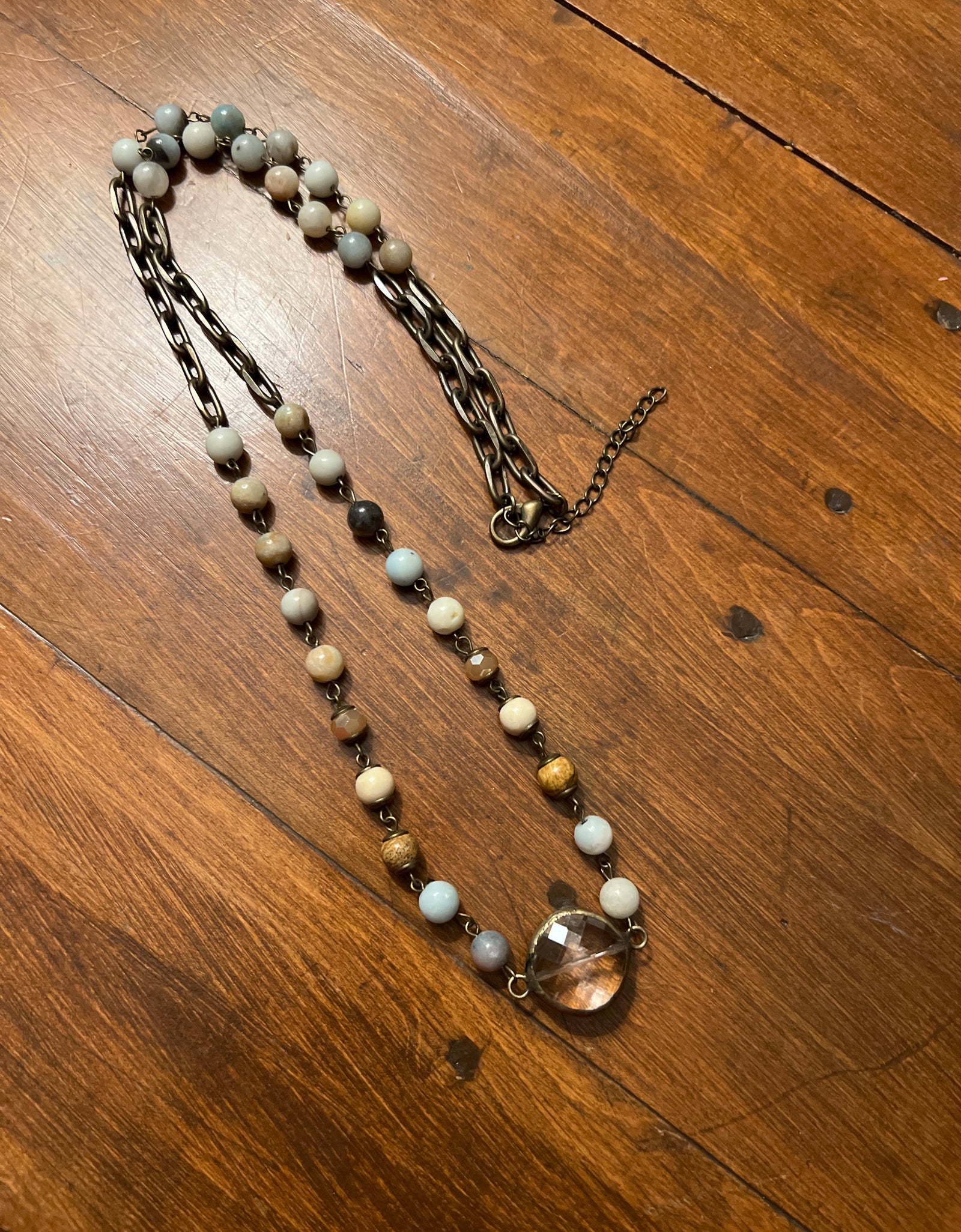 AC link chain necklace with beads and oval crystal