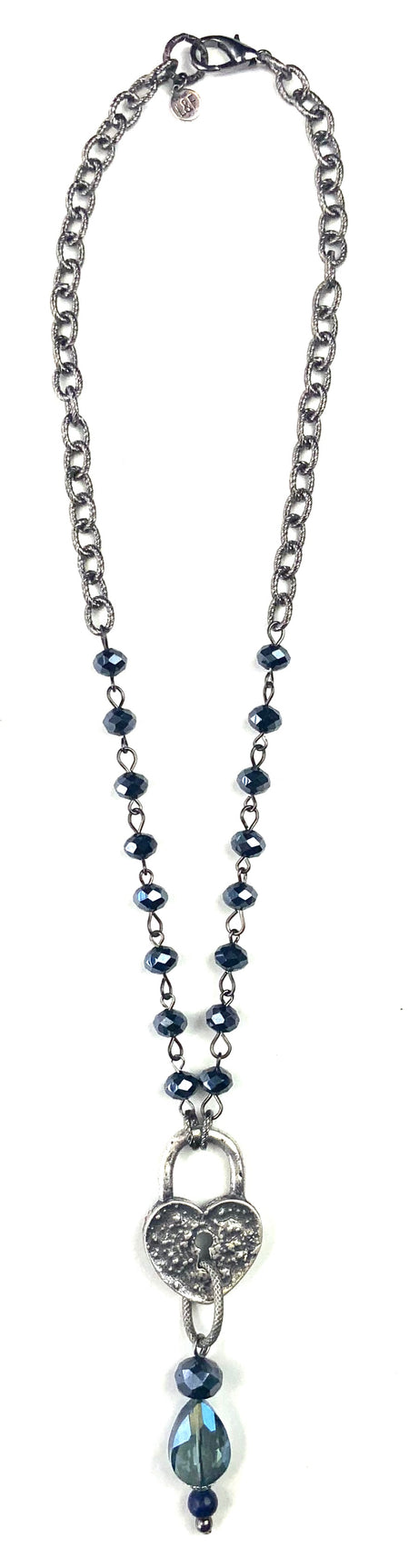 Blue bead chain with heart pendant drop