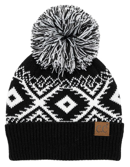 Aztec Pattern Beanie with Multicolor Pom-Pom - Black