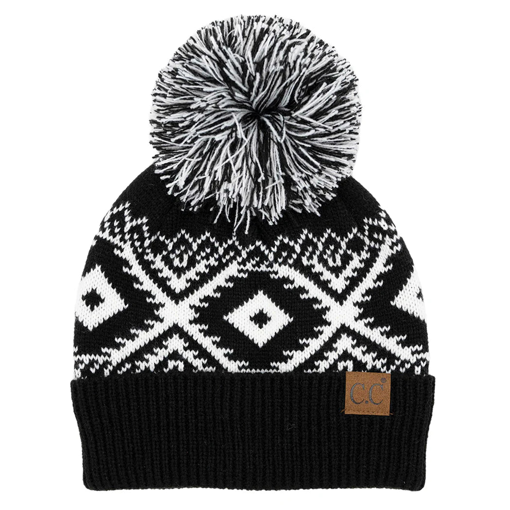 Aztec Pattern Beanie with Multicolor Pom-Pom - Black
