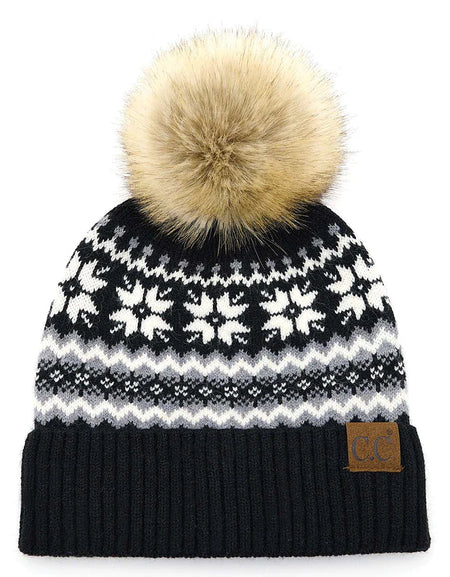Nordic Fair Isle Beanie with Pom-Pom - Black/White