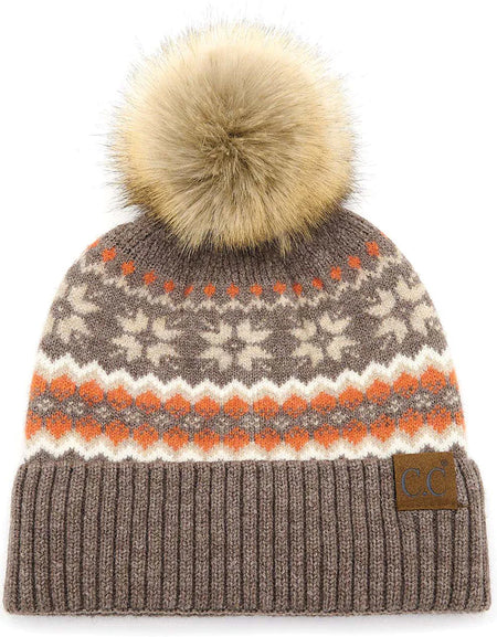 Nordic Fair Isle Beanie with Pom-Pom - Taupe