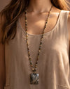 Green Natural Stone Bead Necklace with Stone Pendant