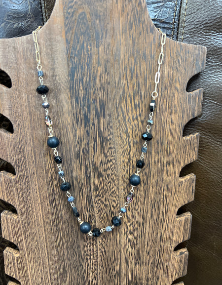 RR black crystal and link necklace