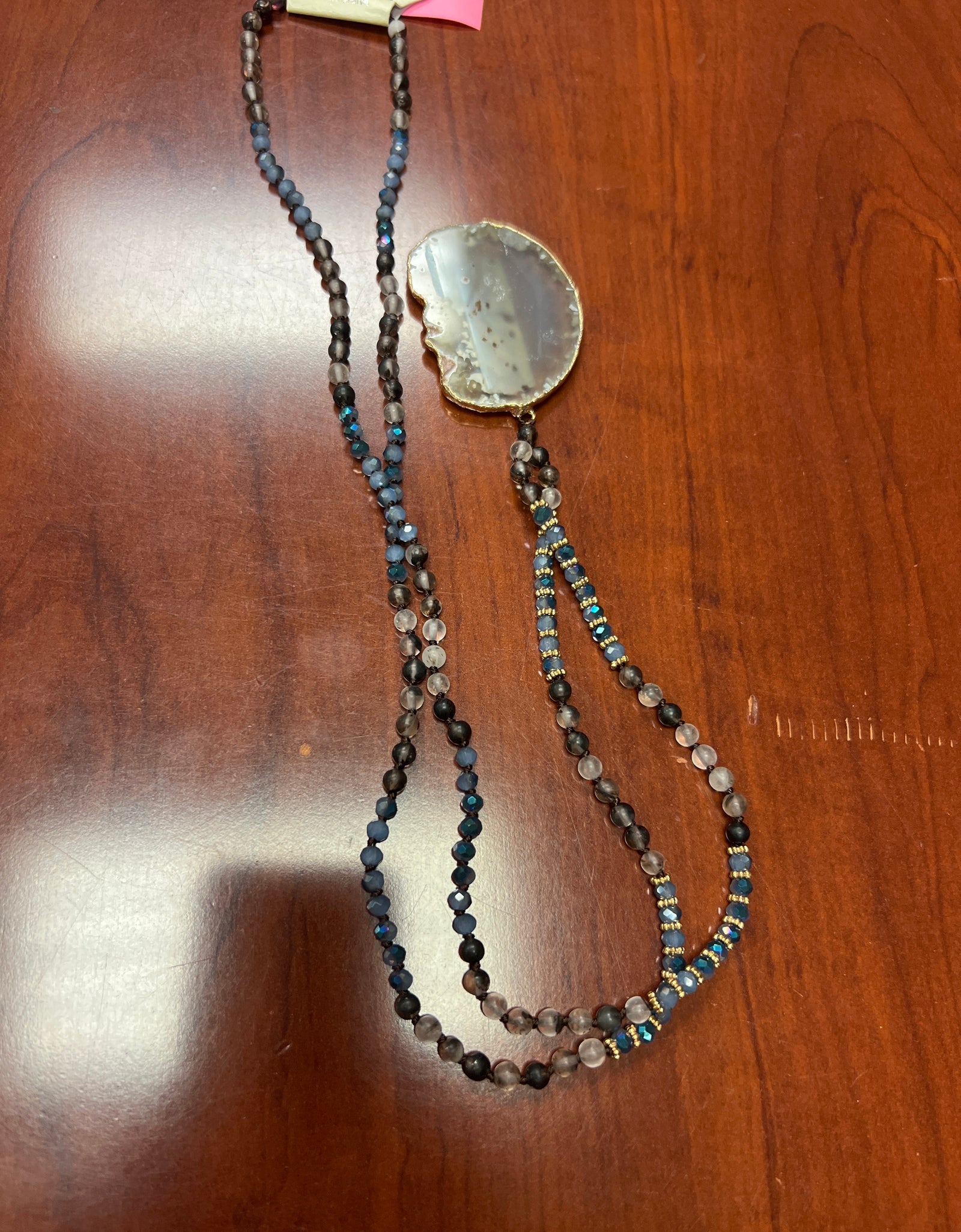 OLE grey agate beaded stone pendant necklace