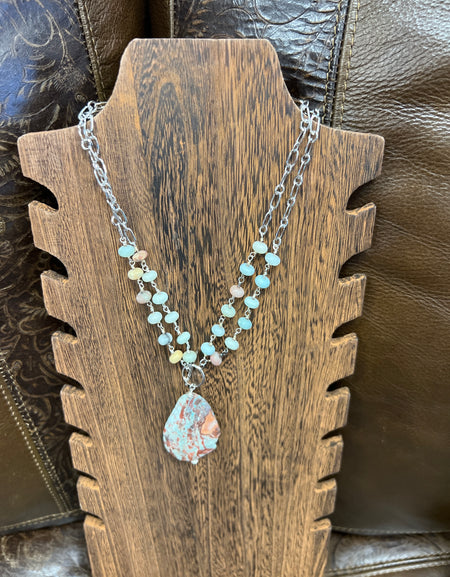 RR turquoise bead silver link necklace with toggle clasp