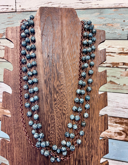 WE 3 strand jasper stone bead with copper metal chain necklace