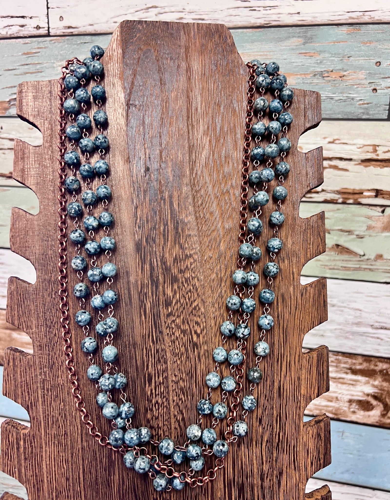 WE 3 strand jasper stone bead with copper metal chain necklace