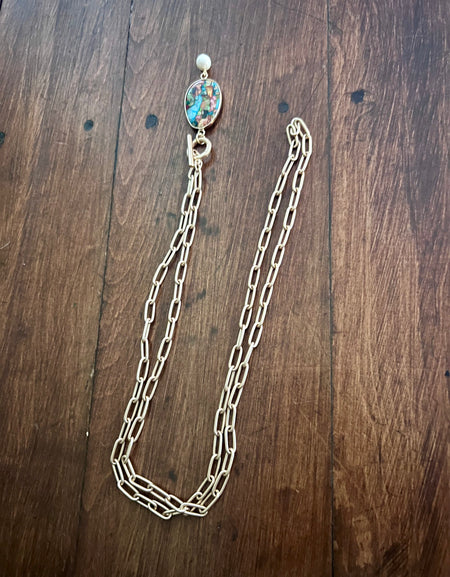 Rant & Rave paper clip link necklace with multi-colored stone