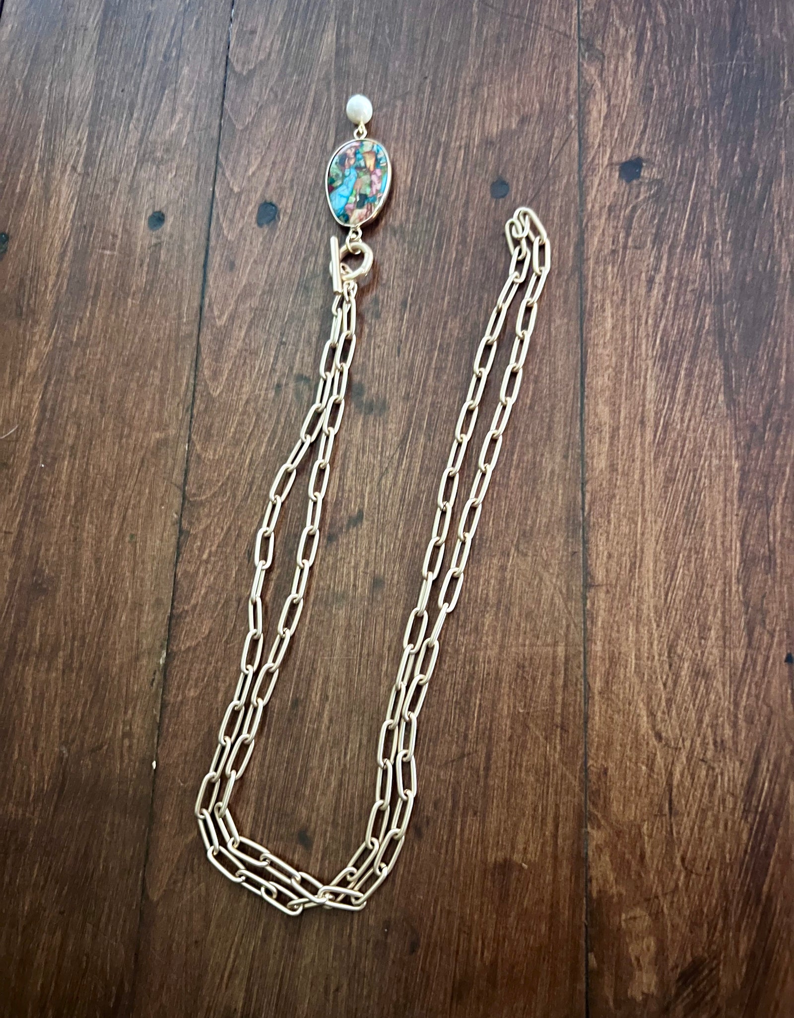 Rant & Rave paper clip link necklace with multi-colored stone