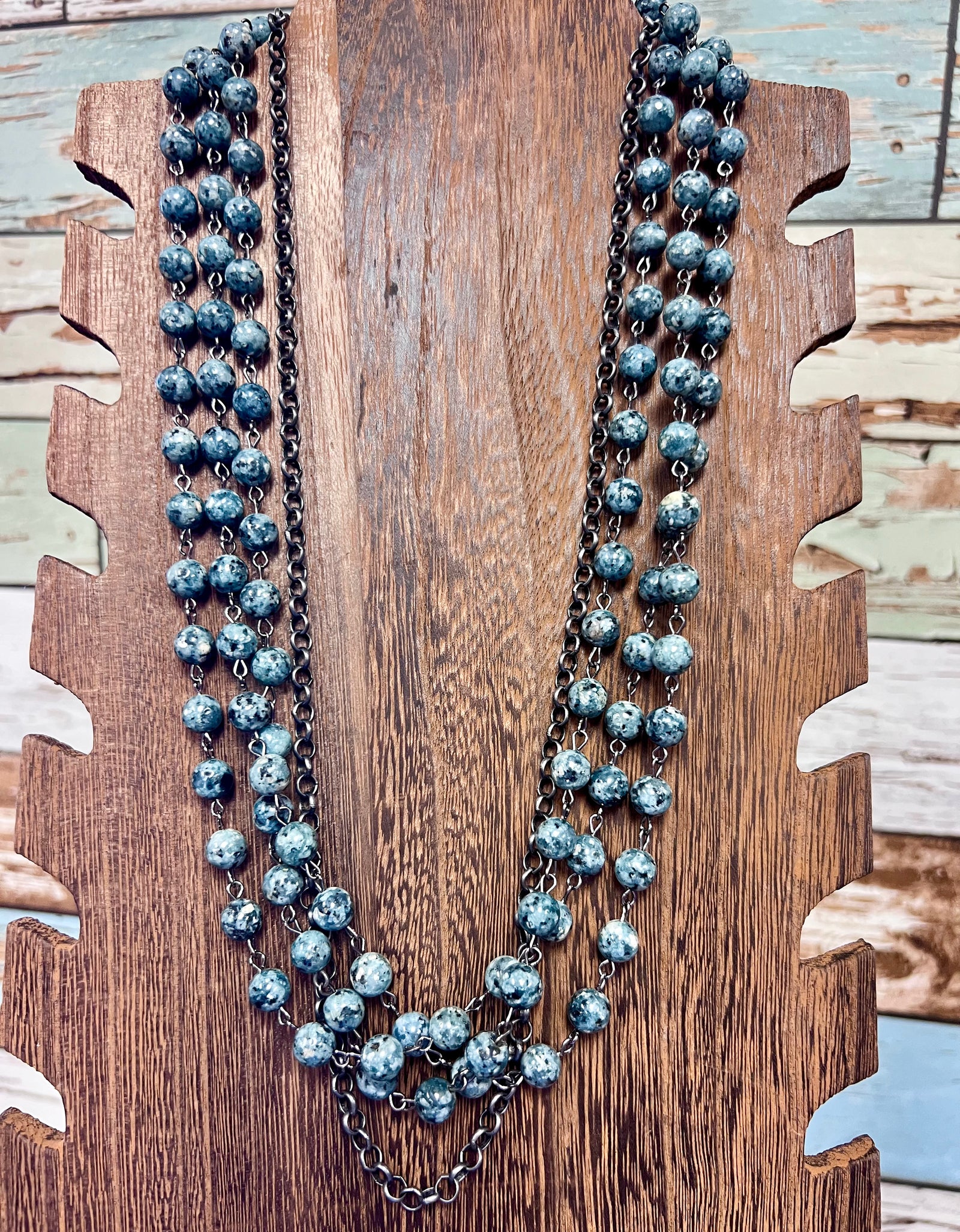 WE 3 strand jasper stone beads with gunmetal metal chain necklace