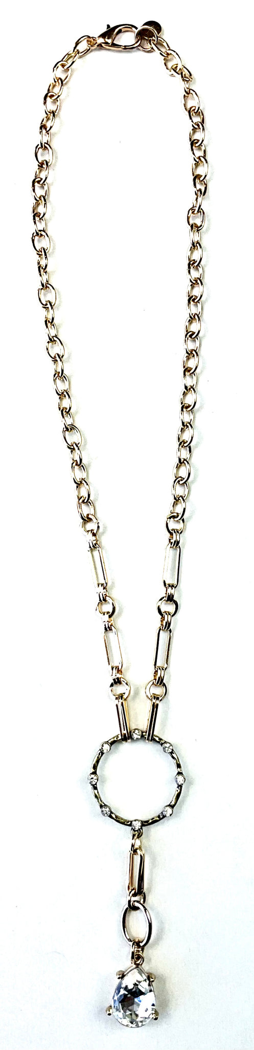 Mixed Chain Necklace with bling ring & crystal drop