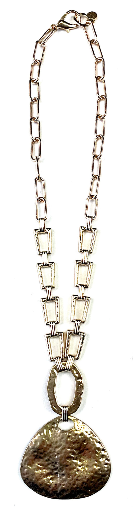 MIXED CHAINS W/OVAL & HAMMERED TEAR PENDANT