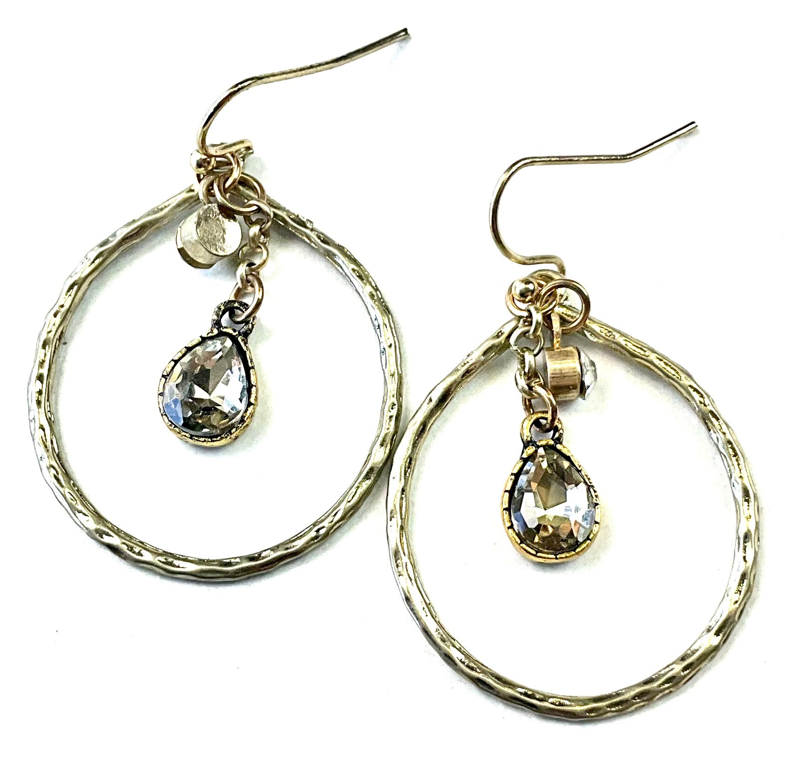 Hammered Loop Earrings w/Crystal Dangles
