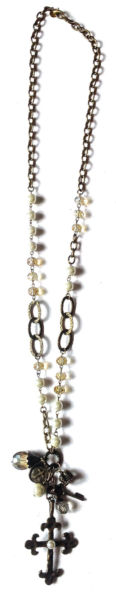 Necklace-LONG W/PEARL, CHAIN & CLUSTER DANGLE