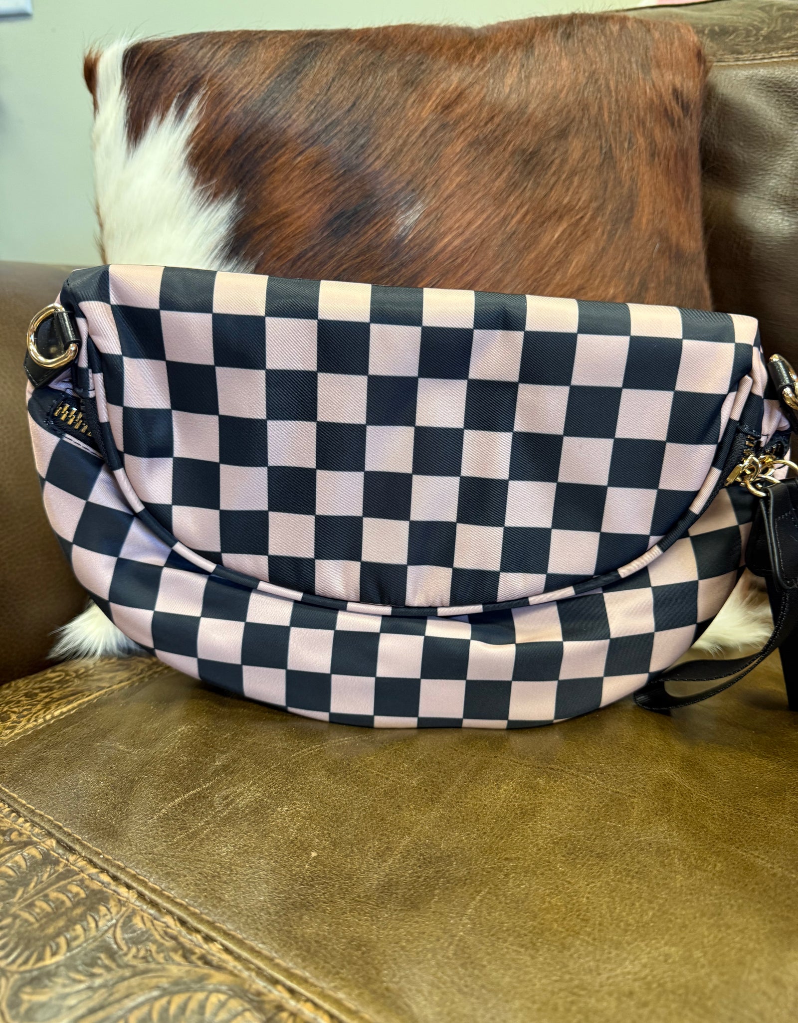 Nylon Checked Crossbody - Tan & Black