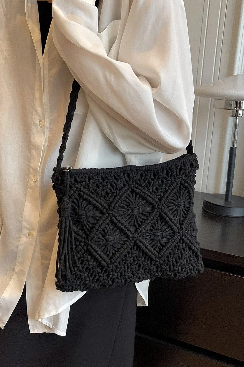 Woven Bohemian Tassel Crochet Shoulder Bag - Black