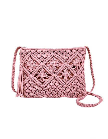 Woven Bohemian Tassel Crochet Shoulder Bag - Pink