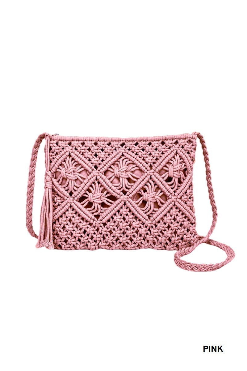 Woven Bohemian Tassel Crochet Shoulder Bag - Pink