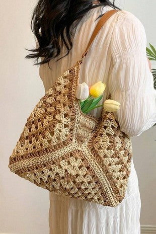 Vintage Woven Straw Crochet Bucket Shoulder Bag - BLACK