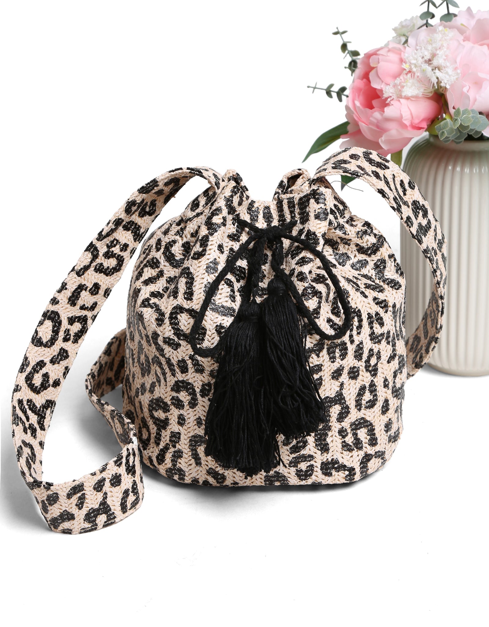 Metallic Foil Leopard Straw Crossbody Bucket Bag - Black