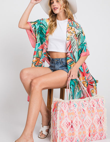 Stella Boho Pattern Fringe Tote Bag - Coral